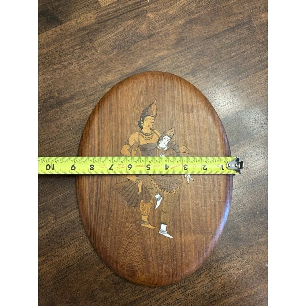 Vintage Thai Wood Wall Plaque Dancer Inlay Teak Oval Hanging Decor 12x9